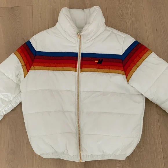 AVIATOR NATION 5 STRIPE LUXE APRES PUFFER JACKET - GLOSSY WHITE - Picture 2 of 8